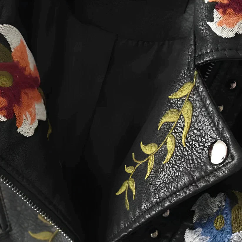 Womens Black Vegan Leather Floral Embroidered Jacket