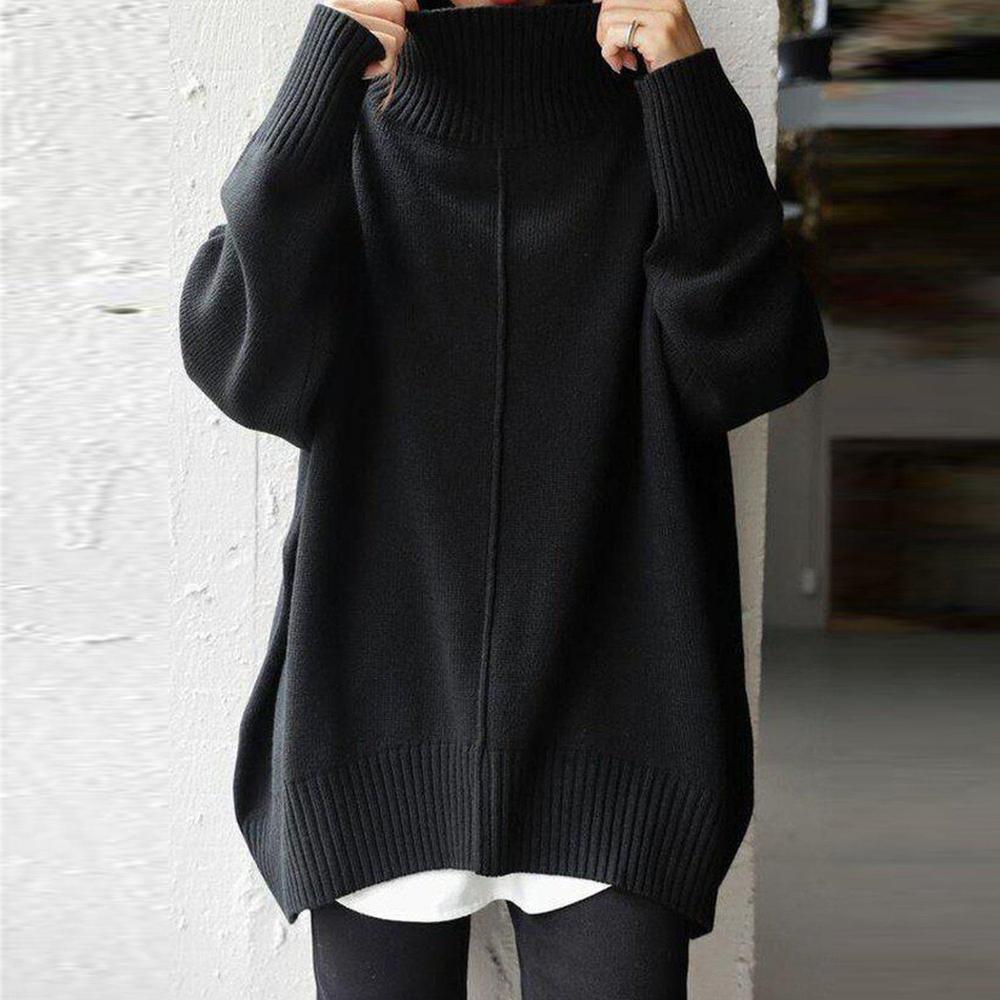 Black Plain Long-Sleeved Sweater with High Neckline