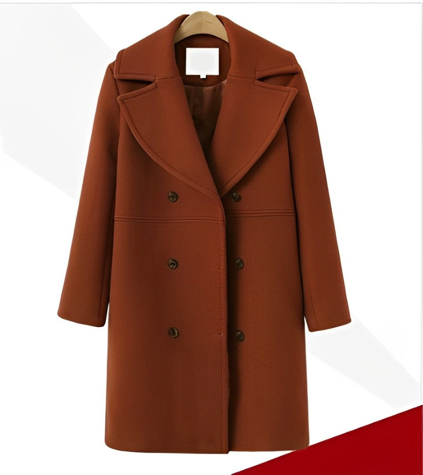 Women - Trench Coat - Long Woollen Design - Stylish Warm Outerwear for Cold Weather