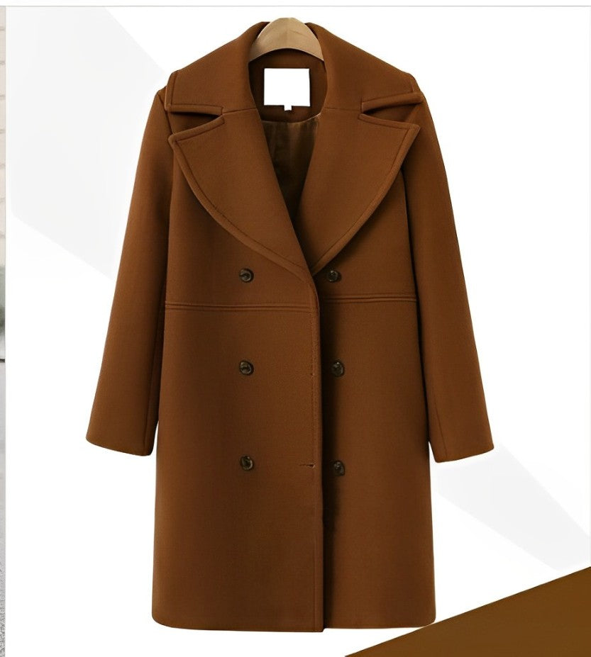 Women - Trench Coat - Long Woollen Design - Stylish Warm Outerwear for Cold Weather