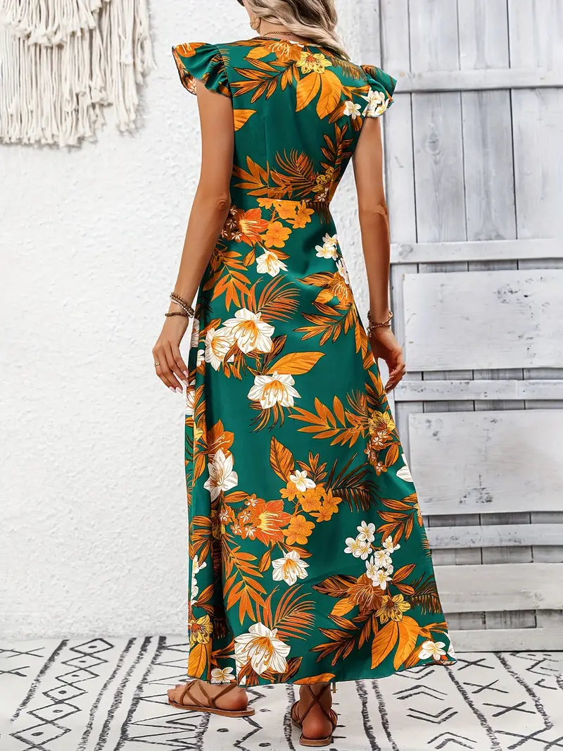 Dress with floral pattern and ruffled neckline Elegant dress with ruffled sleeves