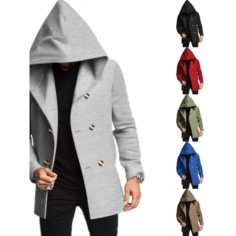 Double-buttoned coat with hood