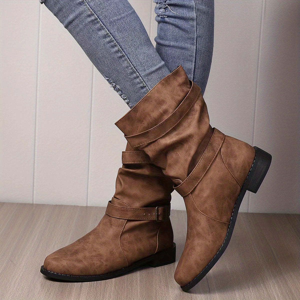 Vintage charm slouchy buckle strap western ankle boots