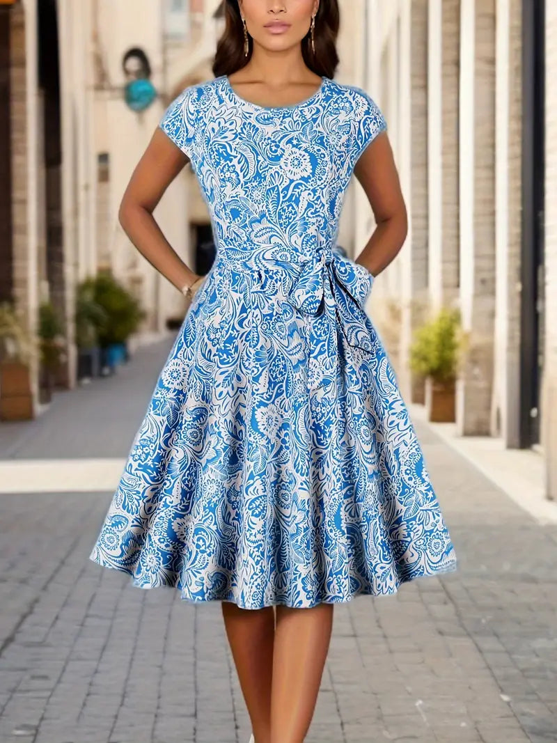 Elegant dress with floral pattern and short sleeves and waist