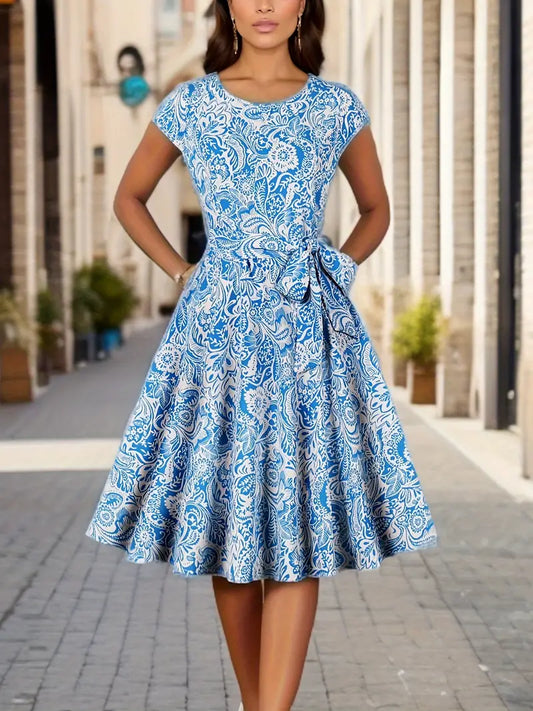 Elegant Floral Dress With Short Sleeves and Waist