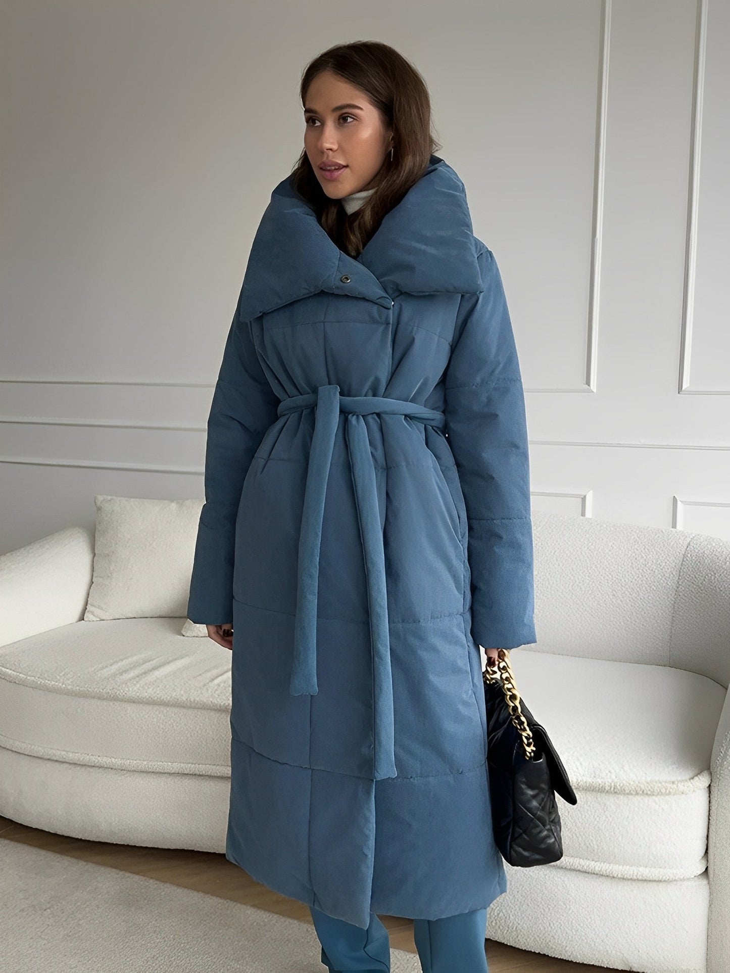 Women - Long Winter Coat - Warm Fabric with Waist Belt - Stylish Outerwear for Cold Weather