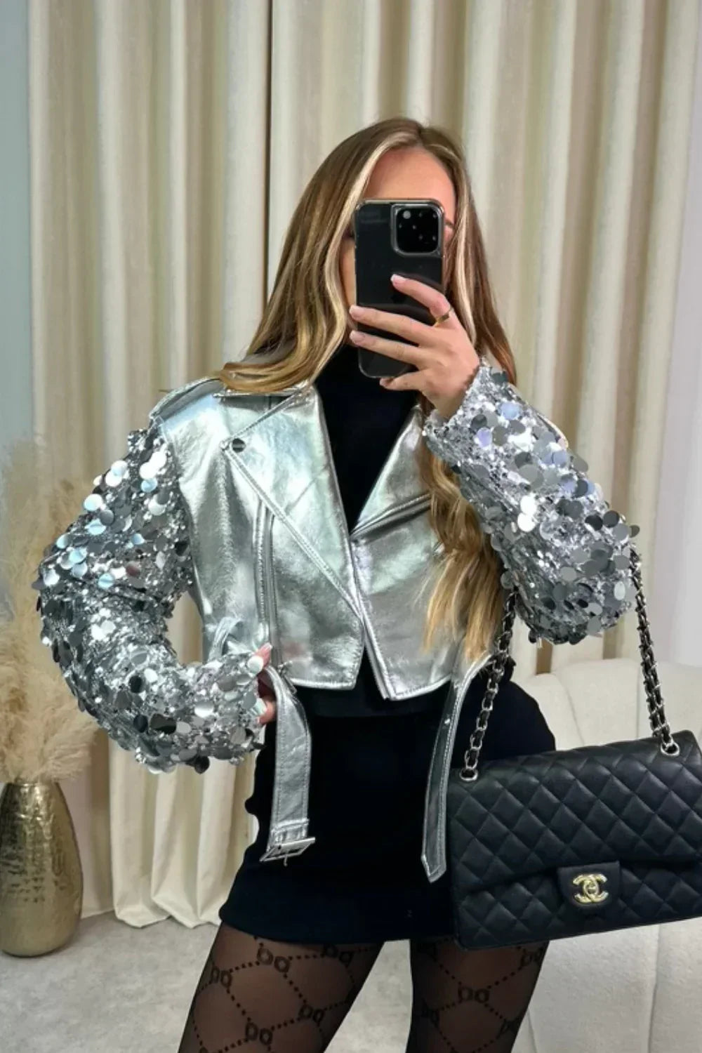 Sequinned leather jacket