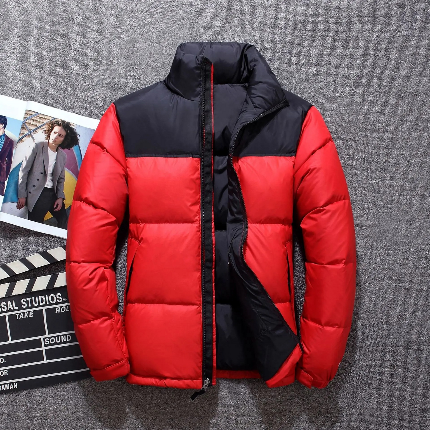 Men's puffer jacket with high collar and full-length zip