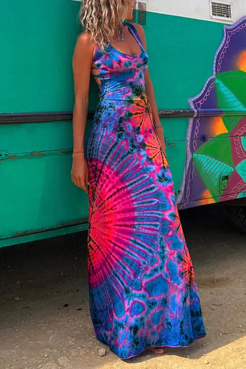 Maxi dress with lacing and tie-dye print