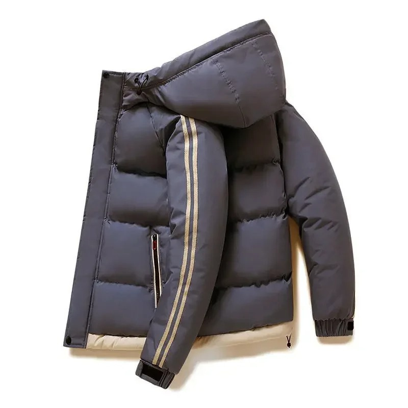 Puffer jacket with hood and contrasting stripes