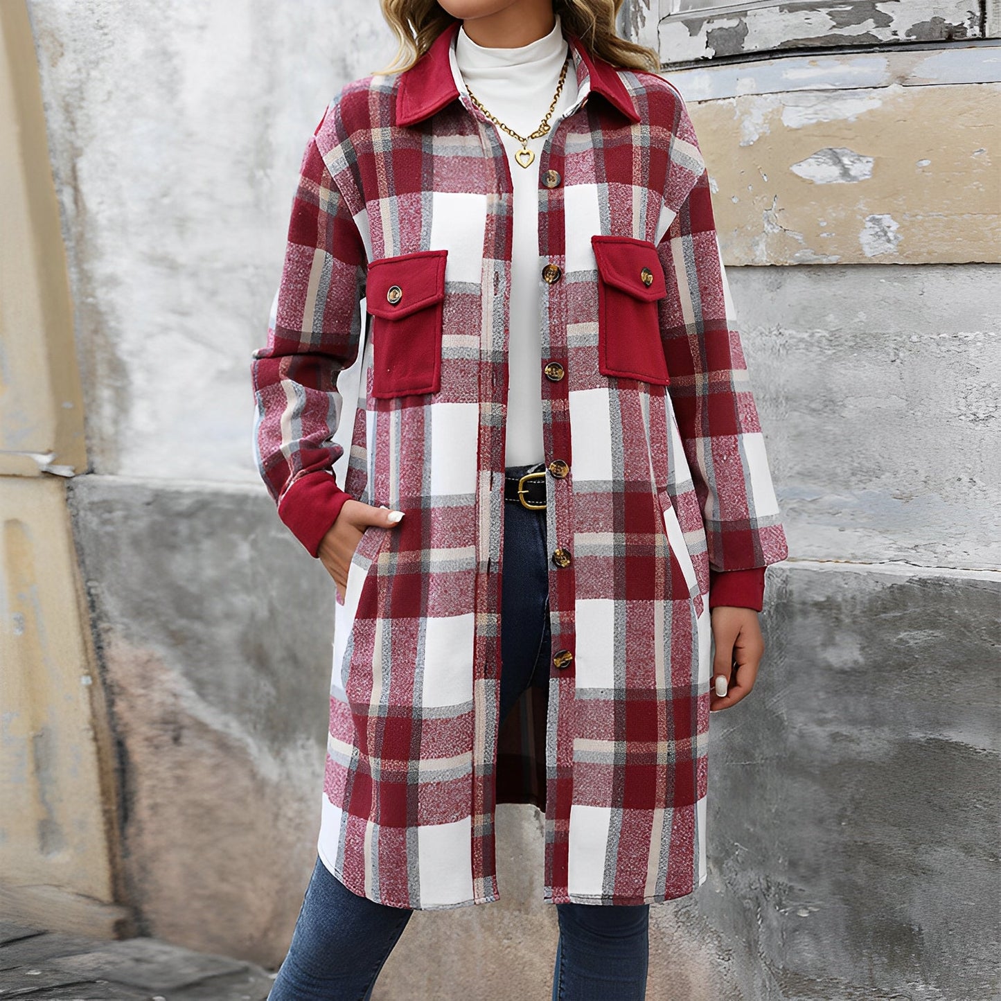 Women - Checked Coat - Woollen - Stylish Warm Outerwear for Cold Weather