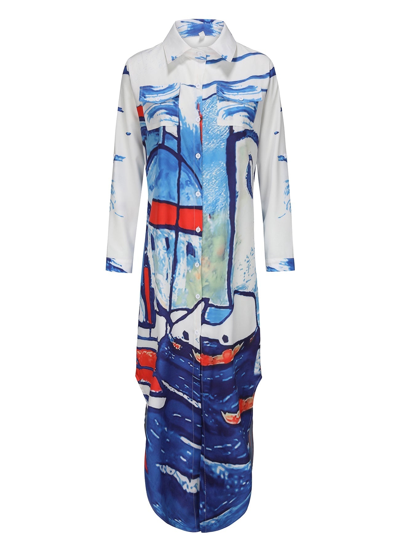 Women - Long Sleeve Dress - Blue & White Face Pattern - Stylish Casual Dress for Every Occasion