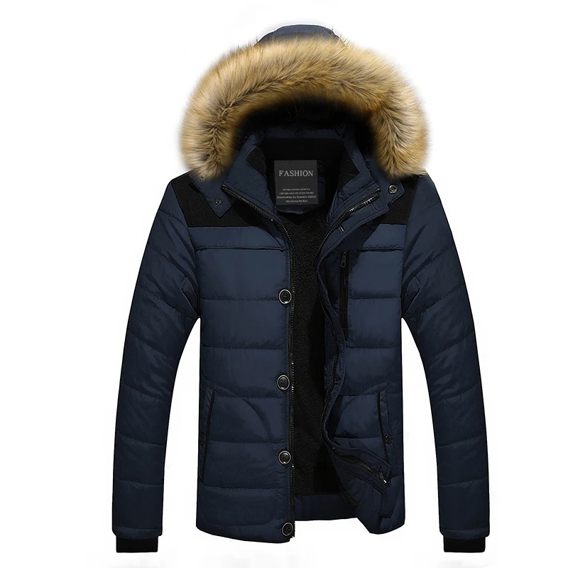 Men's parka winter jacket with detachable hood and button fastening