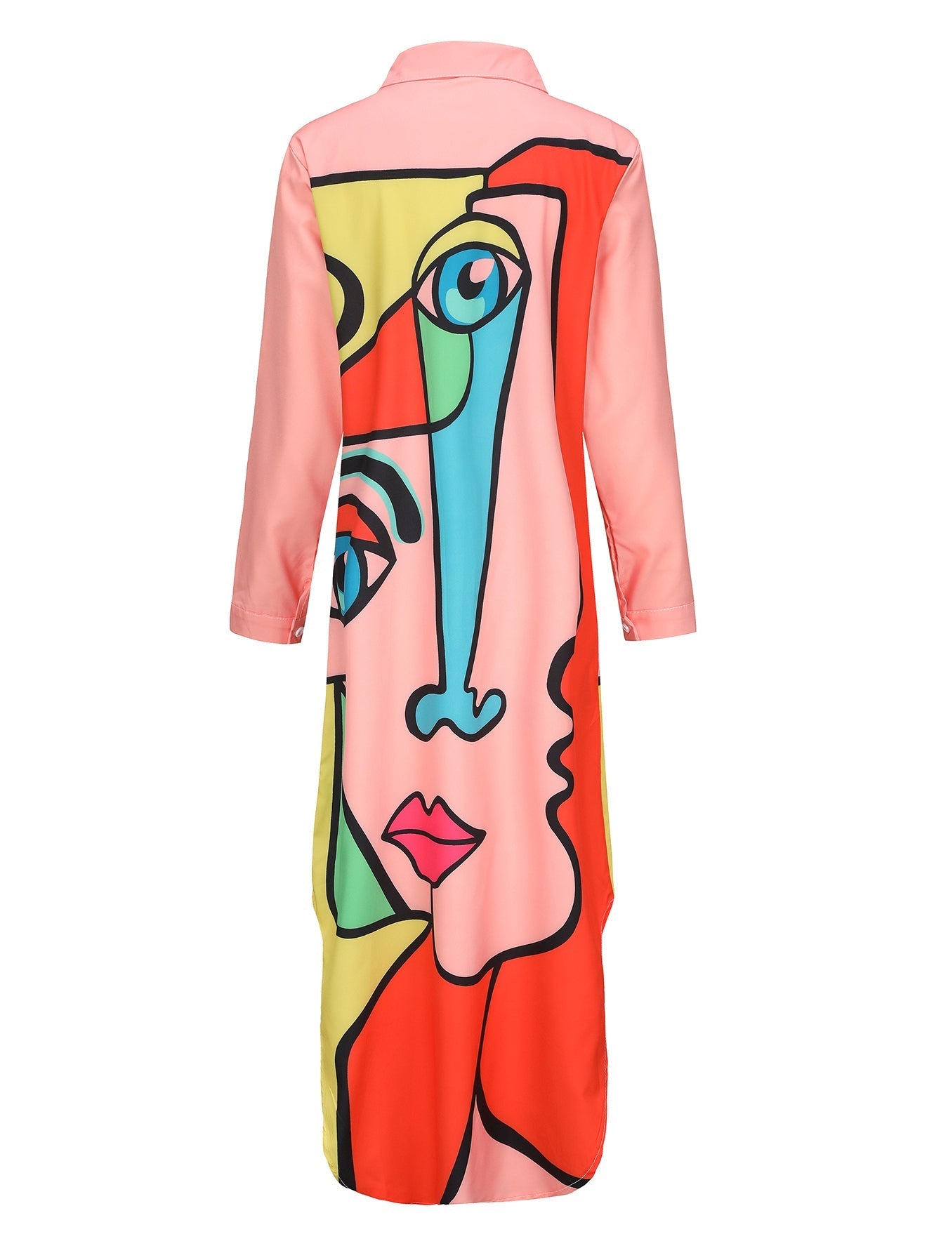 Women - Long Sleeve Dress - Comfortable Collared Design with Charming Pink Pattern - Stylish & Versatile