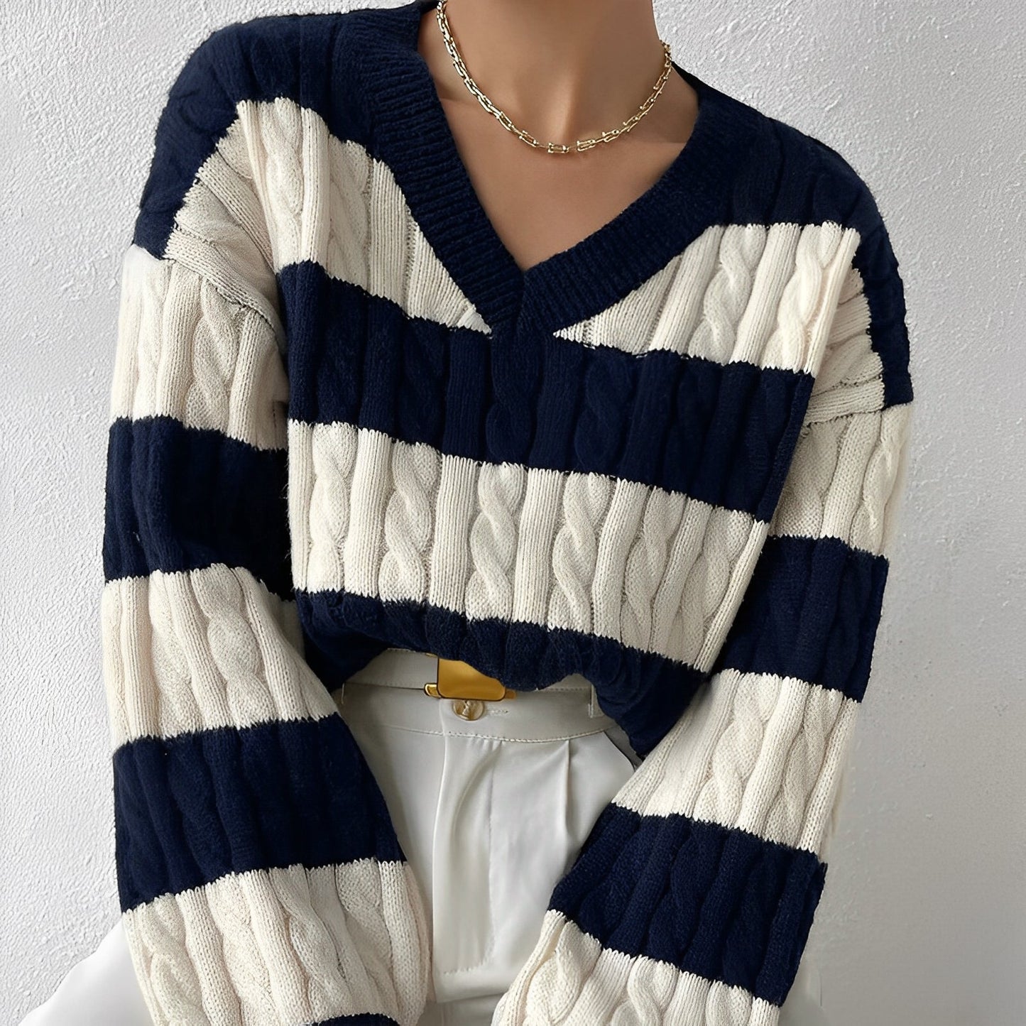 Women's Jumper - V-Neck Striped Long Sleeve - Comfortable and Stylish Knitwear