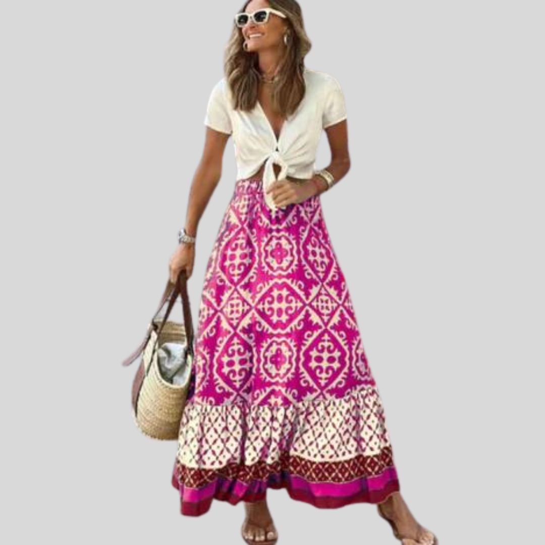 Maxi skirt with ethnic pattern and ruffled hem