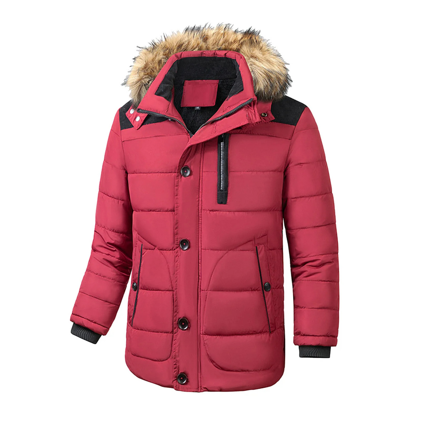 Men's parka winter jacket with detachable fur hood and zip fastening