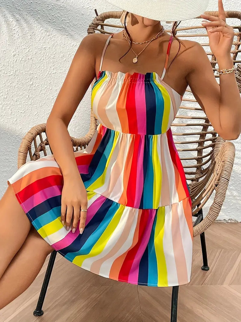 Dress Without Back With Rainbow Stripe Pattern