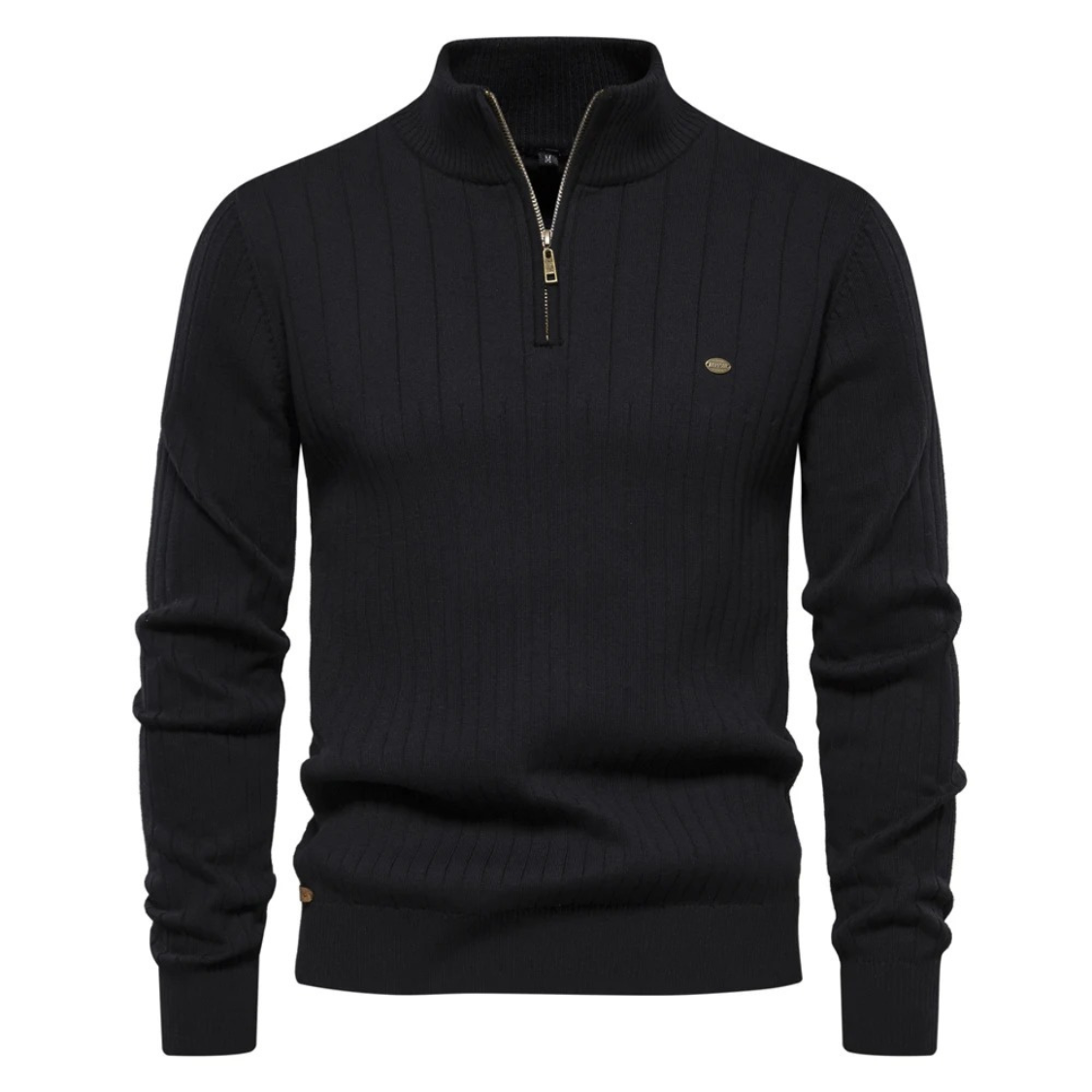 Ribbed knitted pullover with zip and stand-up collar