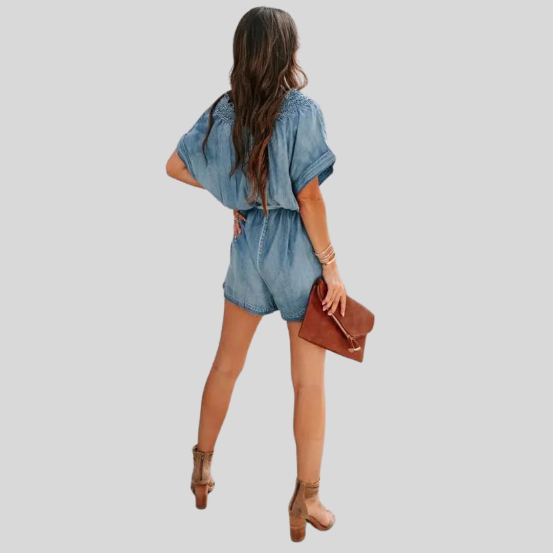 Casual denim romper with smocked detail