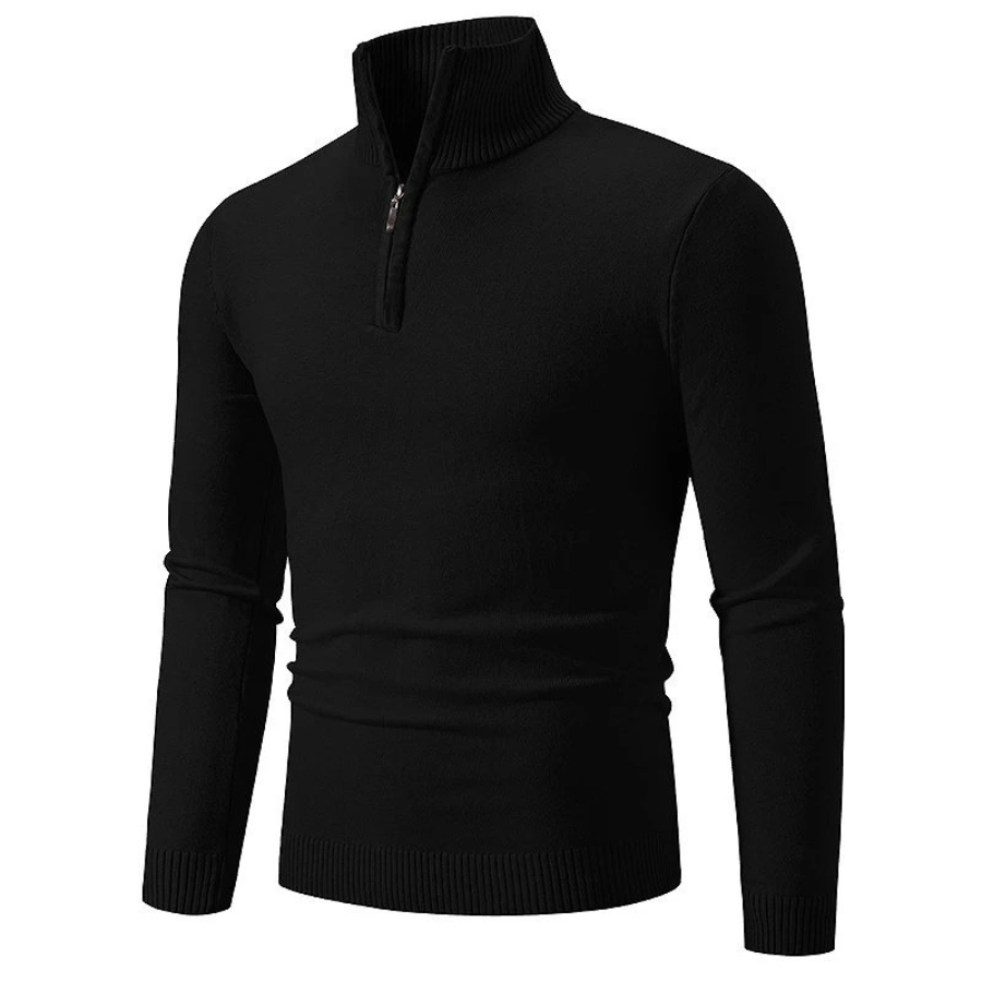 Comfortable knitted pullover with high collar and zip fastening