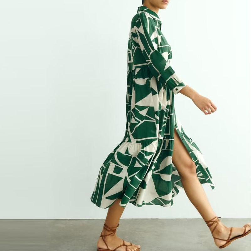 Versatile Geometric Bloc Print Long Shirt Dress