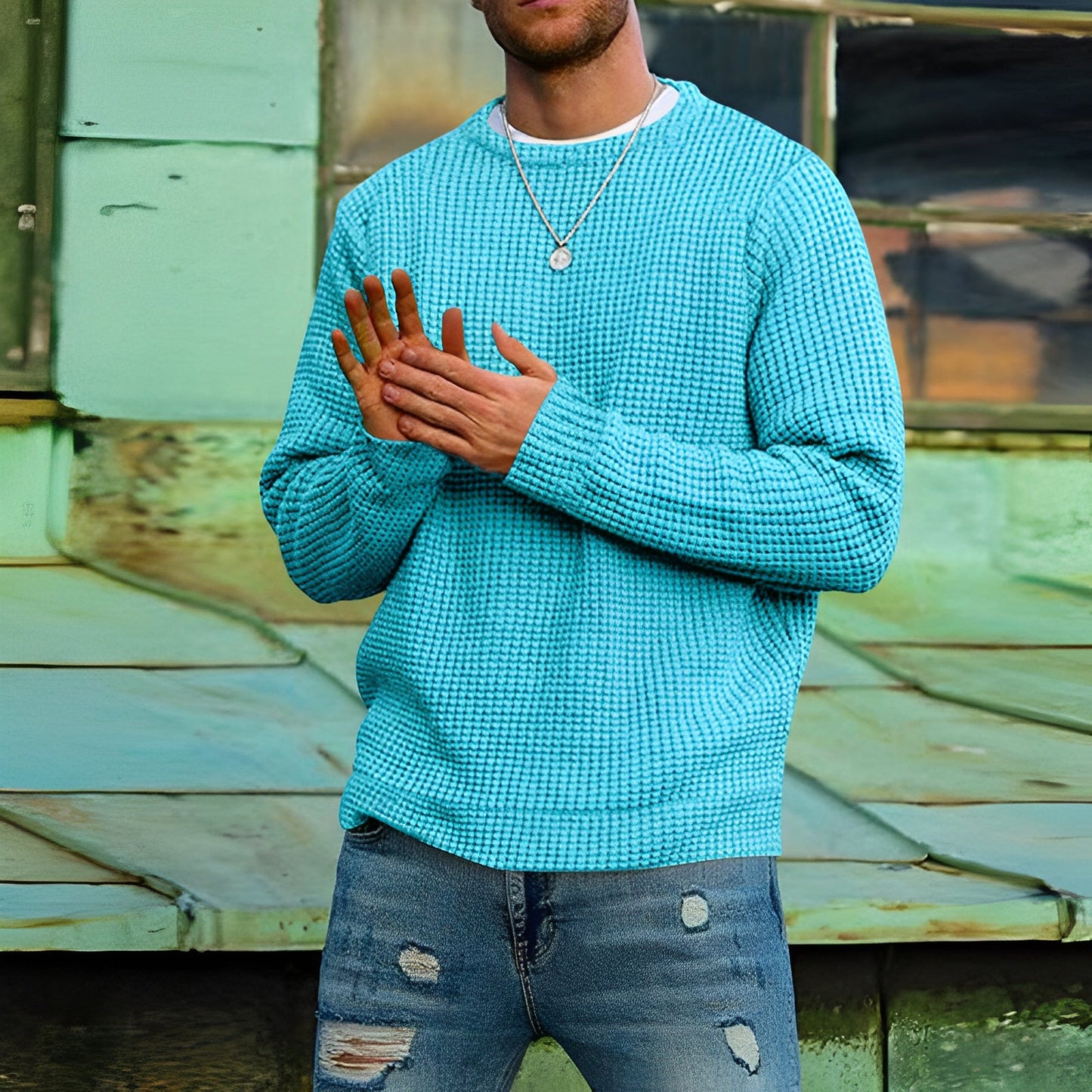 Men's Jumper - Waffle Knit - Round Neck Long Sleeve - Comfortable and Stylish Knitwear