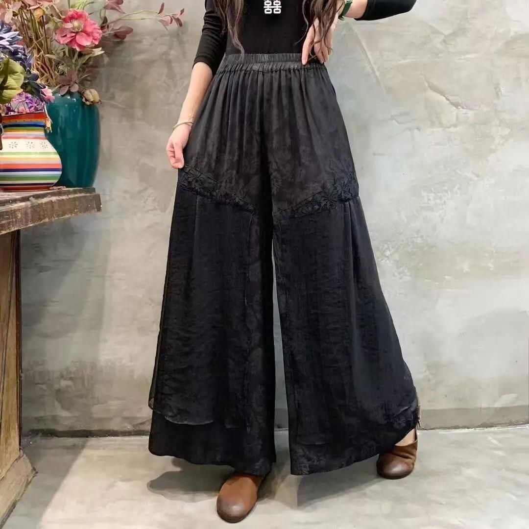 Boho trousers with wide leg and lace insert detail