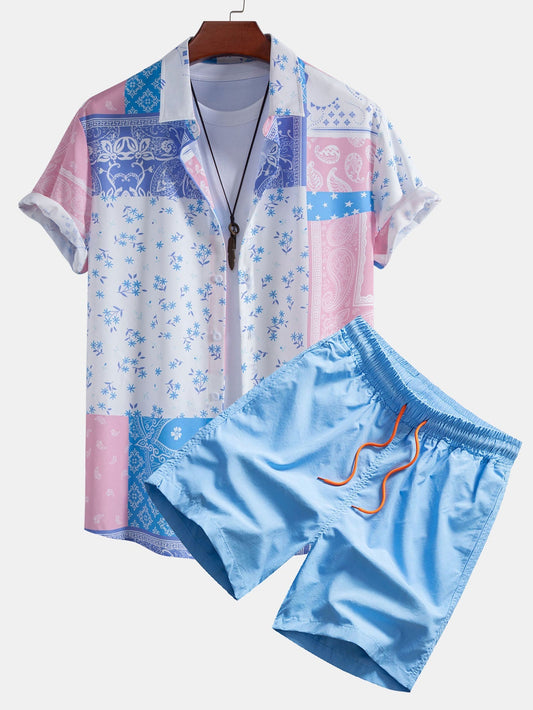 Paisley Floral Print Button Up Shirt & Swim Shorts