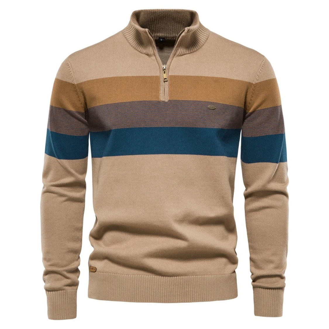 Striped knitted pullover with zip and stand-up collar