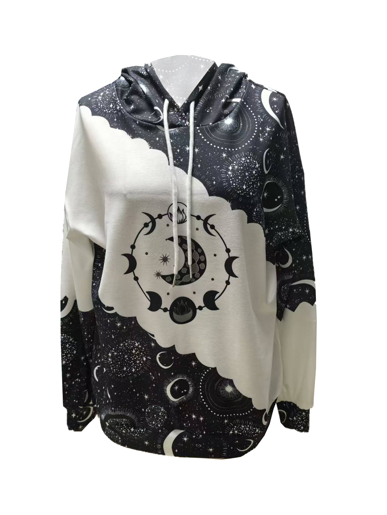 Women - Casual Hoodie - Soft Fabric with Moon Pattern - Black and White Stylish Design