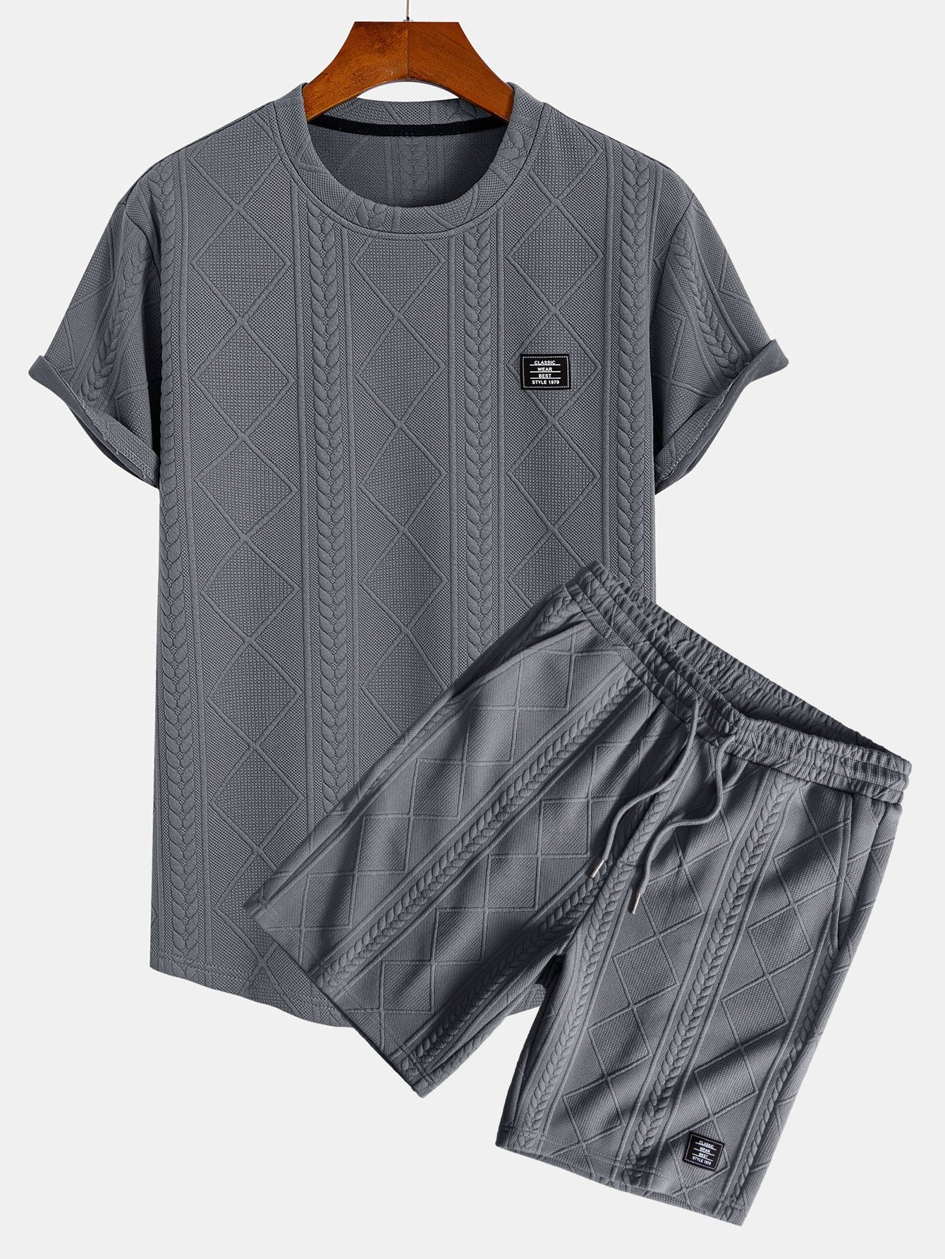 Short Sleeve Geometric Jacquard Arc Hem T-Shirt & Shorts