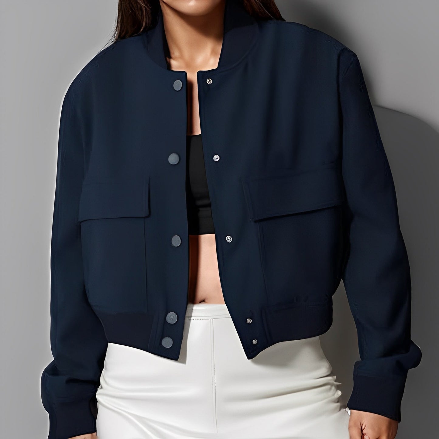 Women - Stand-Up Collar Jacket - Functional Pockets - Stylish Versatile Outerwear for Any Occasion