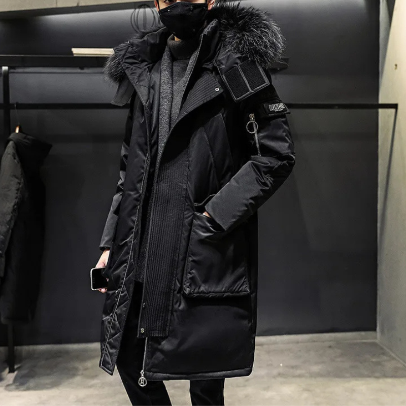 Men's parka winter jacket with fur hood and long sleeves