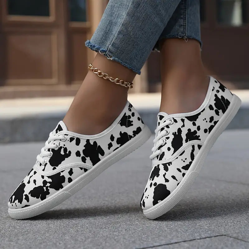 Women's - Slip-On Loafers - Lightweight Canvas Shoes with Cow Print - Stylish Comfort for Everyday Wear