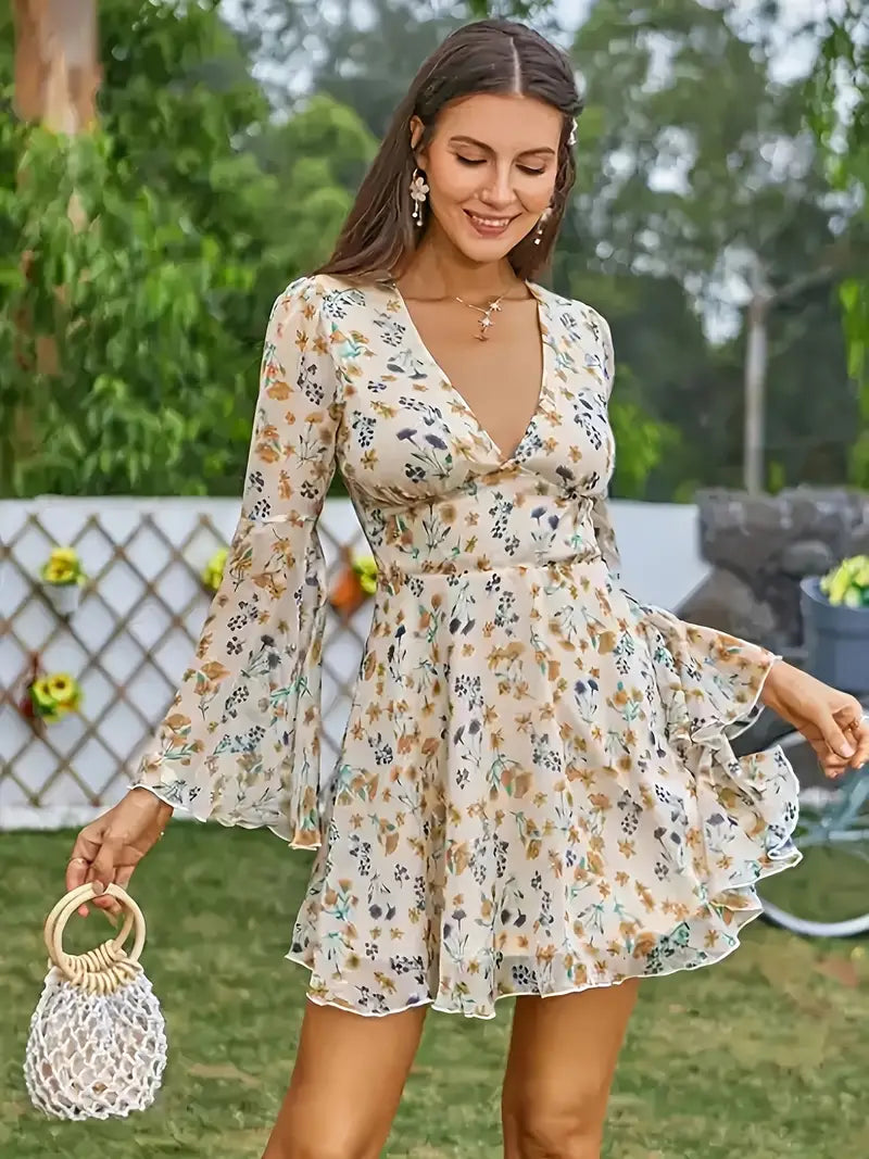 Deep V-neck dress with floral pattern