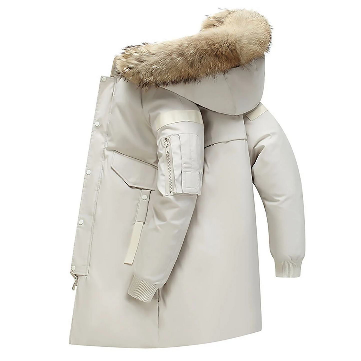 Winter jacket with fur hood and button fastening