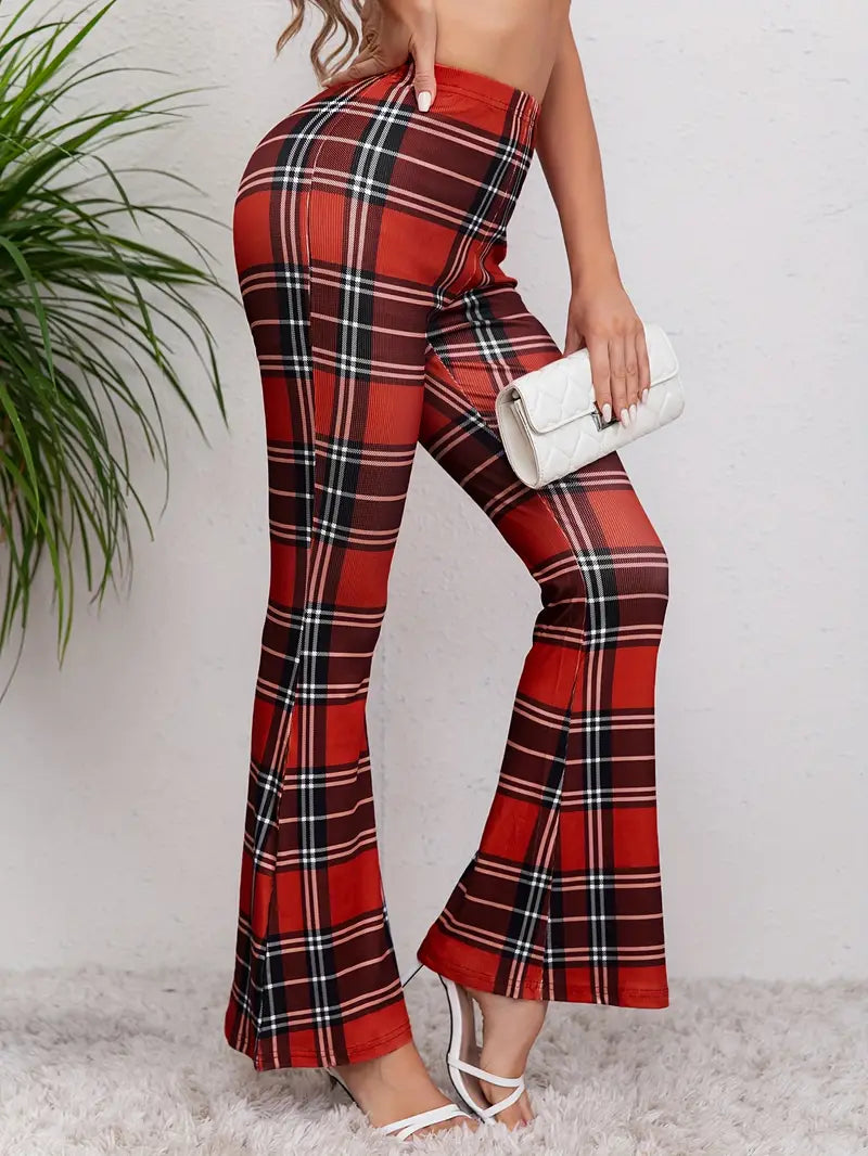 Flared Casual Stretch Fabric Trousers With Plaid