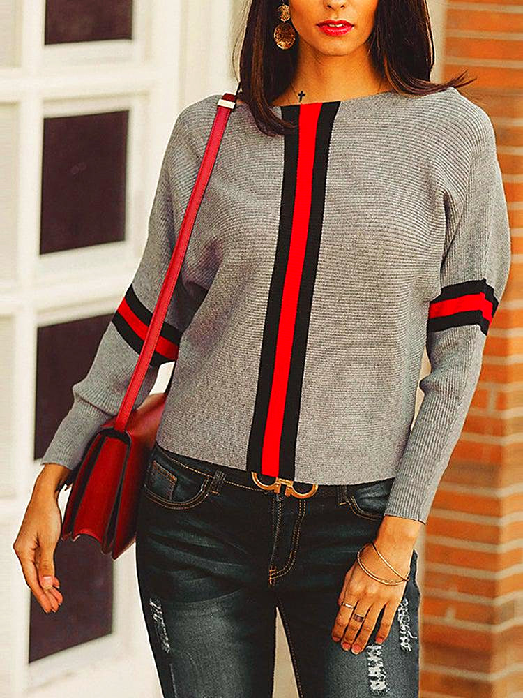 Women - Striped Jumper - Grey and Red - Cozy Casual Knitwear