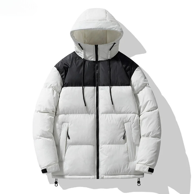 Men's puffer jacket with large hood and zip pockets