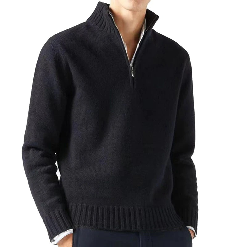 Warm knitted pullover with zip and stand-up collar