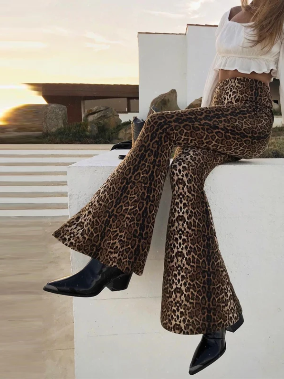 Women's leopard print flared trousers with high waist