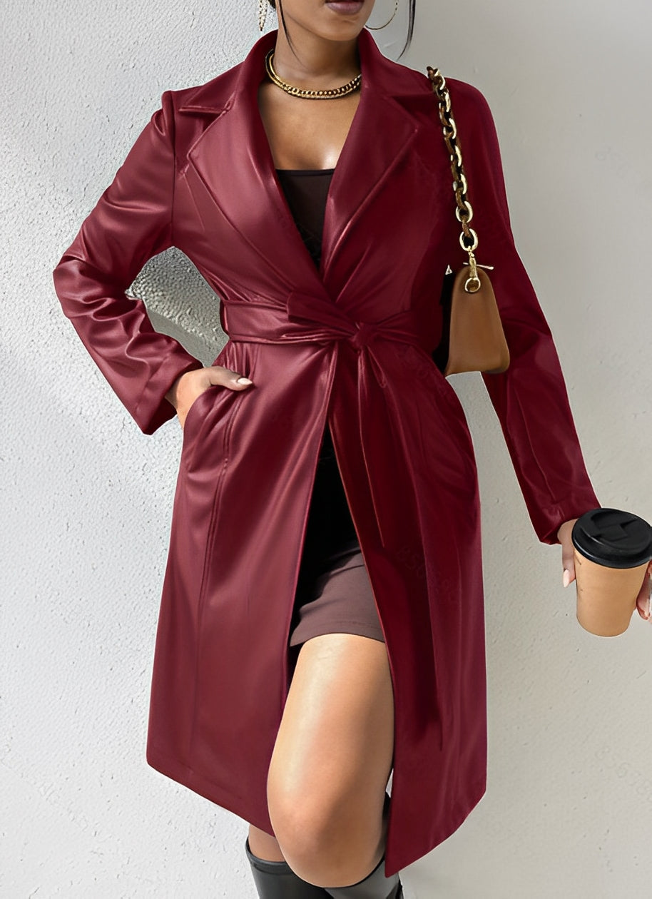 Women's Long Slim Fit Trench Coat - Elegant Leather Material - Stylish Outerwear for Every Occasion