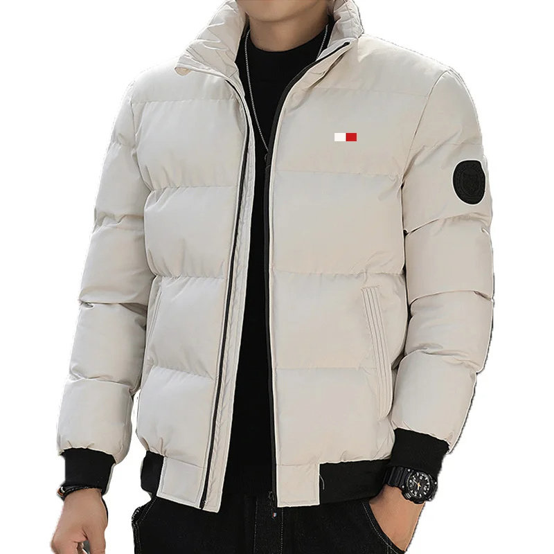 Men's puffer jacket with zip pockets and patch detail