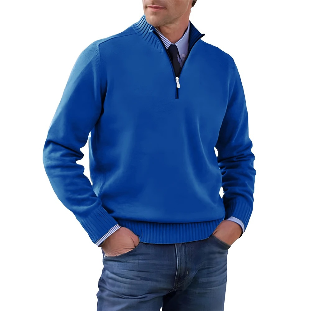 Elegant knitted pullover with zip and stand-up collar