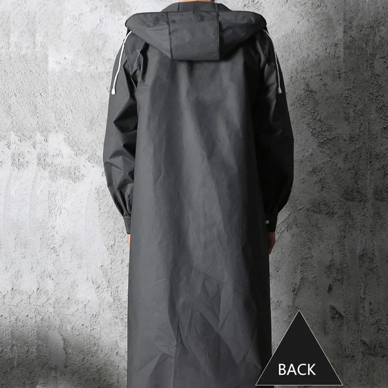 Men's long waterproof mackintosh with hood and press studs