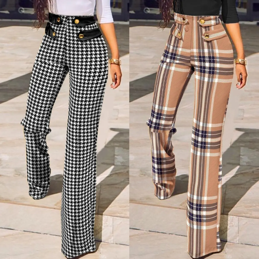 Women's Checkered Flared Trousers with High Waist and Buttons