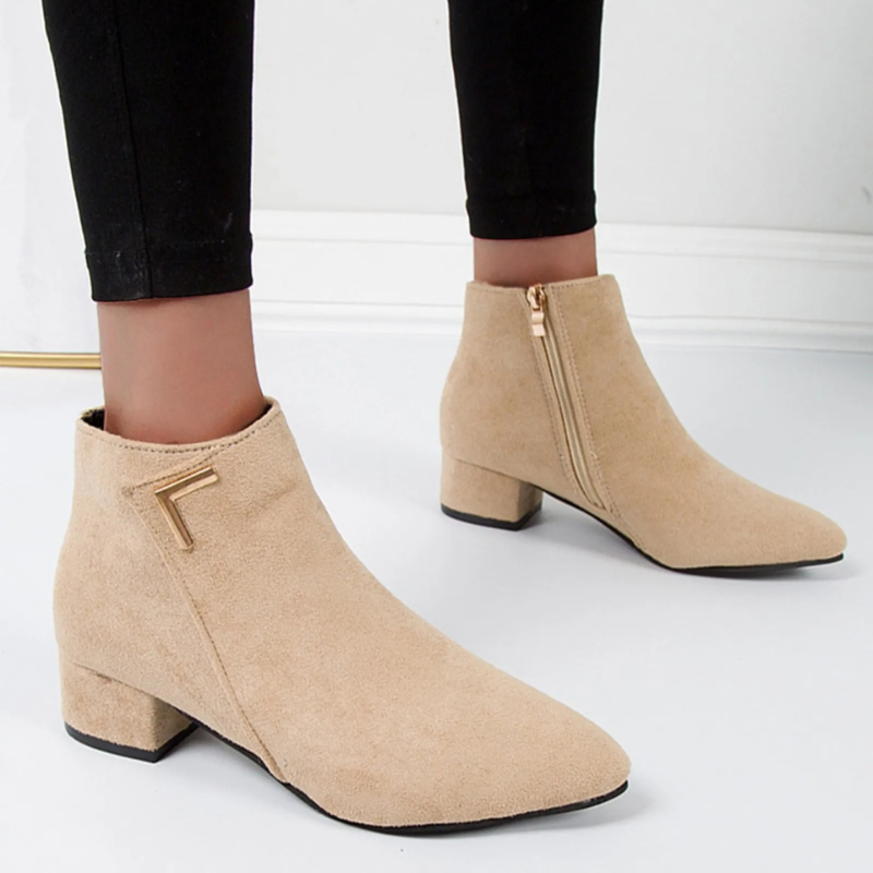 Suede Ankle Boots with Side Zip and Block Heel