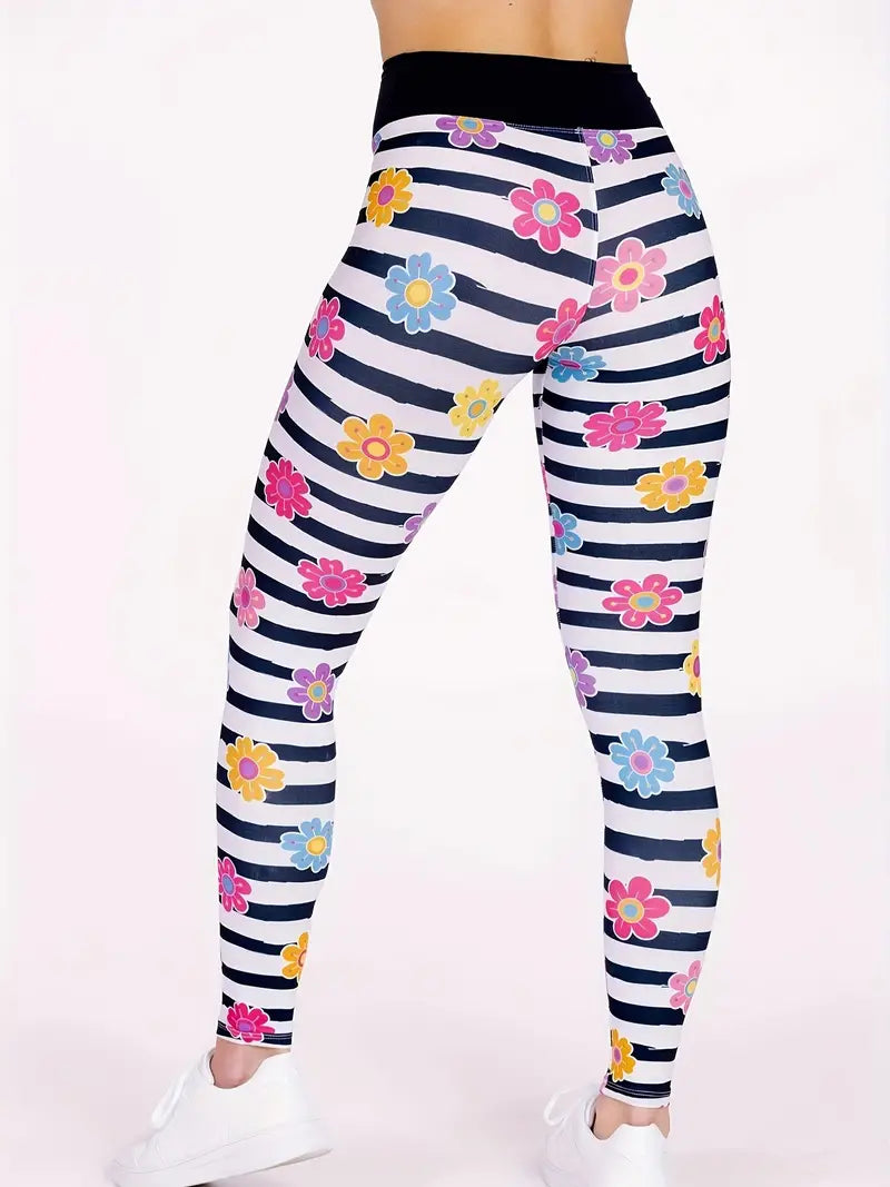 Striped Yoga Legging With Floral Print Seamless Legging