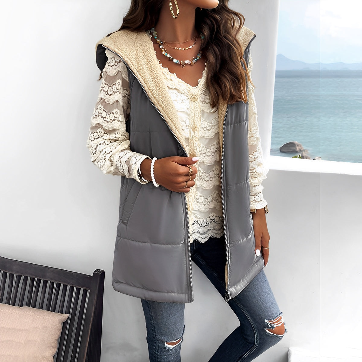 Women - Winter Waistcoat - Hooded Cotton Vest - Stylish and Warm Outerwear for Cold Weather